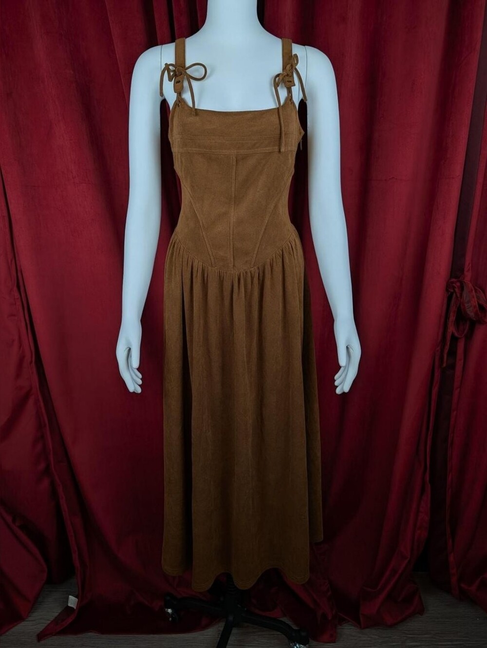 Moon River Brown The Sable Faux Suede Empire Waist Corset Top Midi Dress